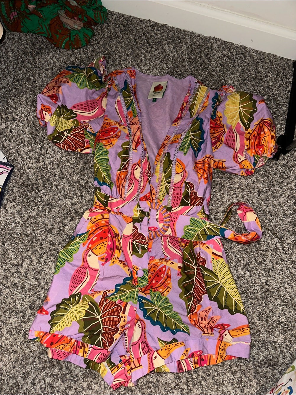 Farm Rio Lavender Tropical Print Short Romper with Puff Sleeves and Belt